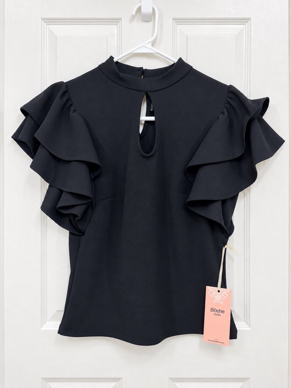 Iris Basic Blashe Black Peplum Blouse Ruffle Sleeve Mock Neck Top M NWT